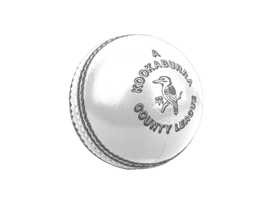 The Kookaburra County League Cricket Ball is a white, hand-stitched ball by Kookaburra with visible seams and "Kookaburra County League" printed around a bird logo on its surface.