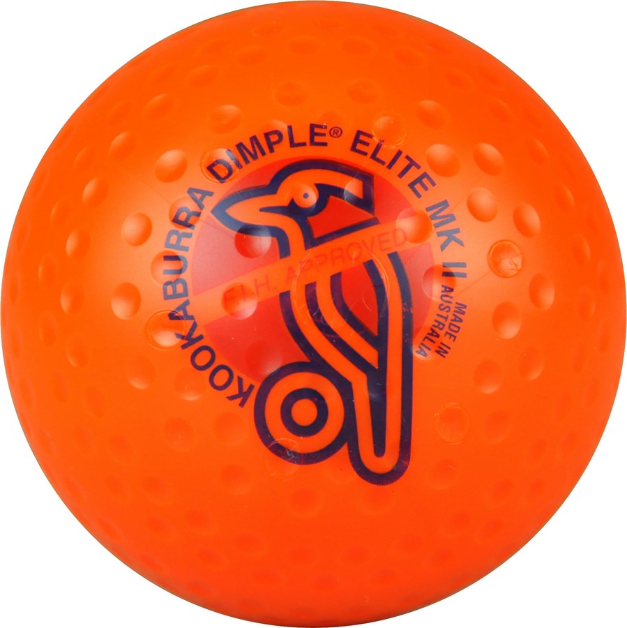 The Kookaburra Dimple Elite Hockey Ball is orange with a dark blue kookaburra logo and "KOOKABURRA DIMPLE ELITE MK II" plus "FIH APPROVED" text, designed for elite international competition.