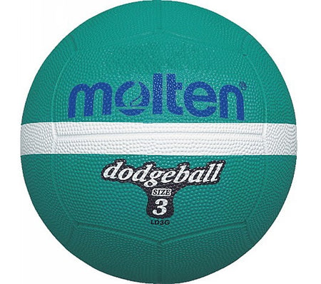 The Molten LD3G Dodgeball Size 3 is a teal and white rubber dodgeball by Molten, with "molten" in blue text and size details in white and black—ideal for your next game.