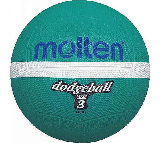 The Molten LD3G Dodgeball Size 3 is a teal and white rubber dodgeball by Molten, with "molten" in blue text and size details in white and black—ideal for your next game.
