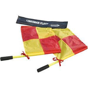 The Precision Training Linesman Flag Set includes two checkered red and yellow flags with black handles, shown next to a black carrying case labeled "LINESMAN FLAGS.