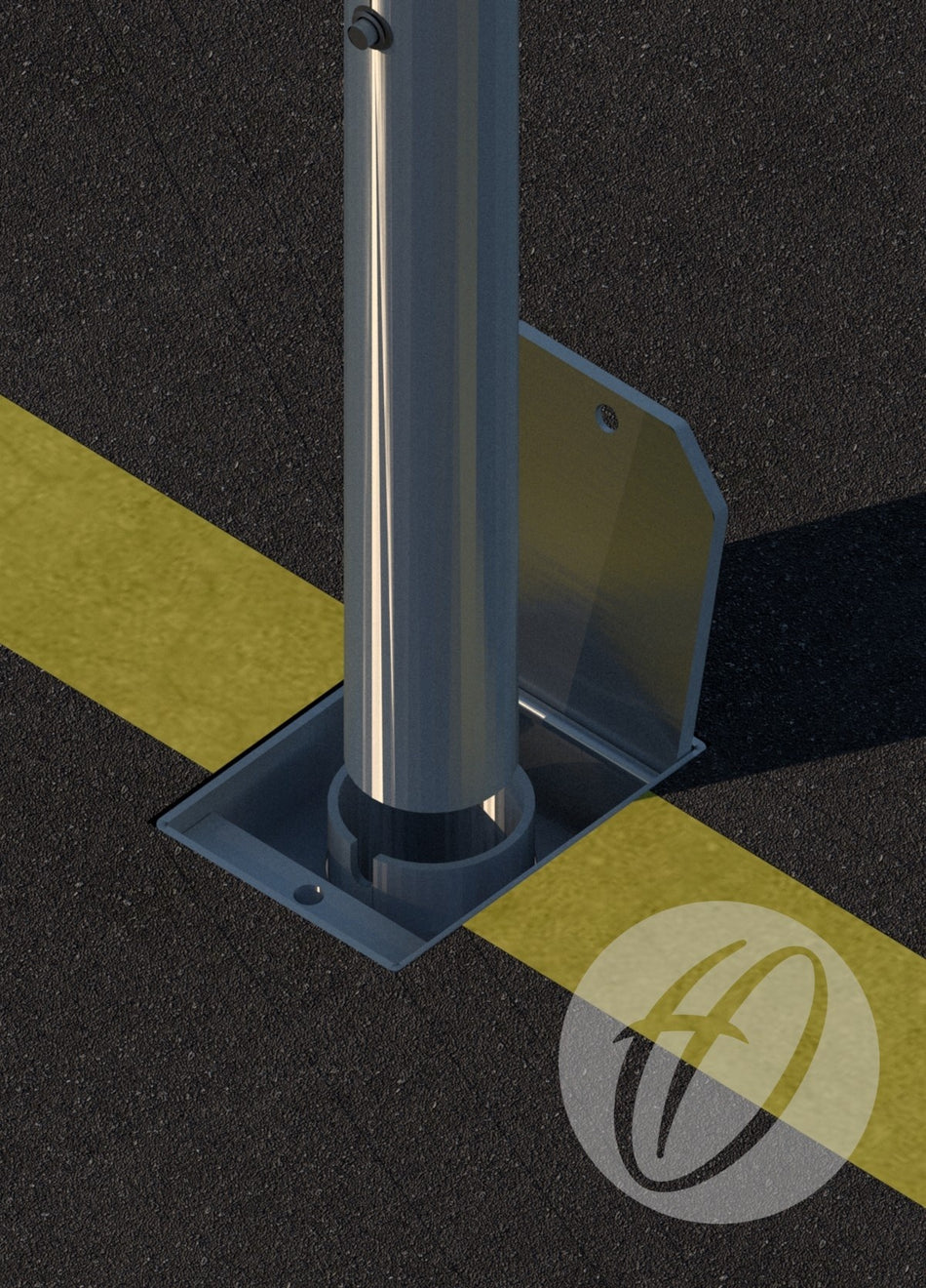 A close-up of a Harrod Sport Locking Socket for Netball installed in asphalt, partially covering a yellow painted line, with a metallic mounting plate and a circular logo watermark in the lower right corner.