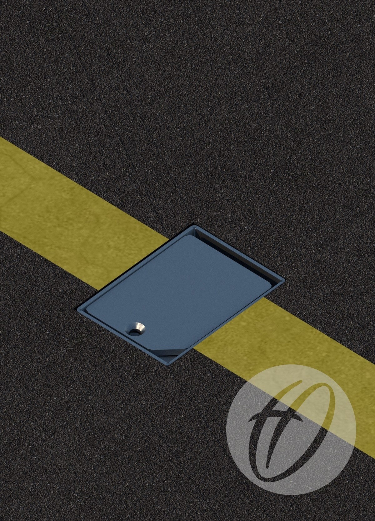 A yellow line crosses a dark asphalt road and a rectangular Harrod Sport Locking Sockets for Netball access cover. A translucent circular watermark with a stylized h appears in the bottom right corner.