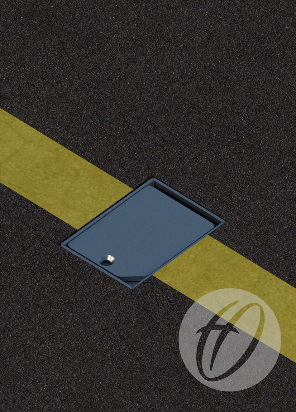A yellow line crosses a dark asphalt road and a rectangular Harrod Sport Locking Sockets for Netball access cover. A translucent circular watermark with a stylized h appears in the bottom right corner.