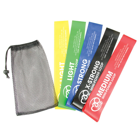 The Fitness Mad Mini-Power Loop Set by Fitness Mad includes five color-coded resistance bands from light to extra strong, displayed with a black mesh bag. Each band offers a different resistance level for versatile strength, conditioning, or rehab exercises.