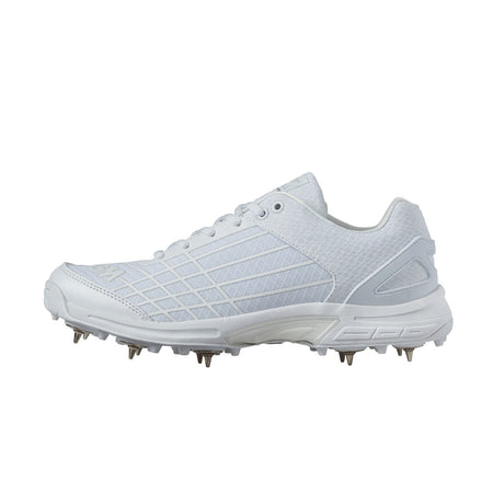 The Gunn & Moore Icon Spike Junior by Gunn & Moore is a white track or field shoe for juniors, featuring a mesh upper, grid design, laces, and metal spikes on the sole. Shown in side profile on a plain background.