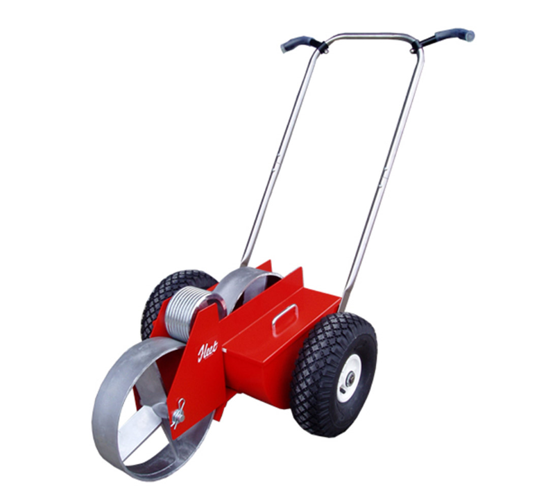 The Martin Berrill Sports 3" Transfer Wheel Marking Machine features a red body, two large black wheels, a metal handlebar, and a front transfer wheel applicator for marking sports fields or parking lots.
