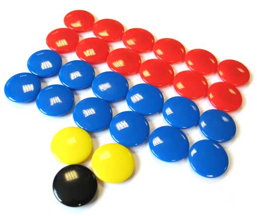 Precision Training’s Precision Replacement Magnets (Set of 27) are round plastic counters, great as tactic board spares, arranged in rows: three red, two blue, and one each of yellow and black at the bottom left.
