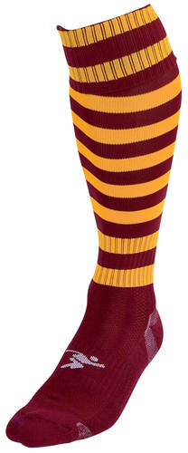 The Precision Training Precision Hooped Pro Football Socks Adult are knee-high sports socks with maroon and gold stripes on the calf, a solid maroon foot, white logo near the ankle, and made from a soft nylon-cotton blend for comfort and durability.