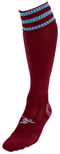 The Precision Training Precision 3 Stripe Pro Football Socks Adult are maroon knee-high socks with light blue and maroon stripes at the top, a white logo near the toe, and a contoured fit for enhanced comfort.