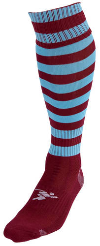 The Precision Training Precision Hooped Pro Football Socks Adult are knee-high sports socks with maroon and light blue stripes on the calf, a solid maroon foot, soft nylon-cotton blend, and a small white logo near the ankle for a sporty touch.