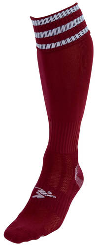 The Precision Training Precision 3 Stripe Pro Football Socks Adult is a single maroon, knee-high athletic sock with white stripes at the top, a small white logo on the ankle, and a contoured fit for enhanced ankle support.