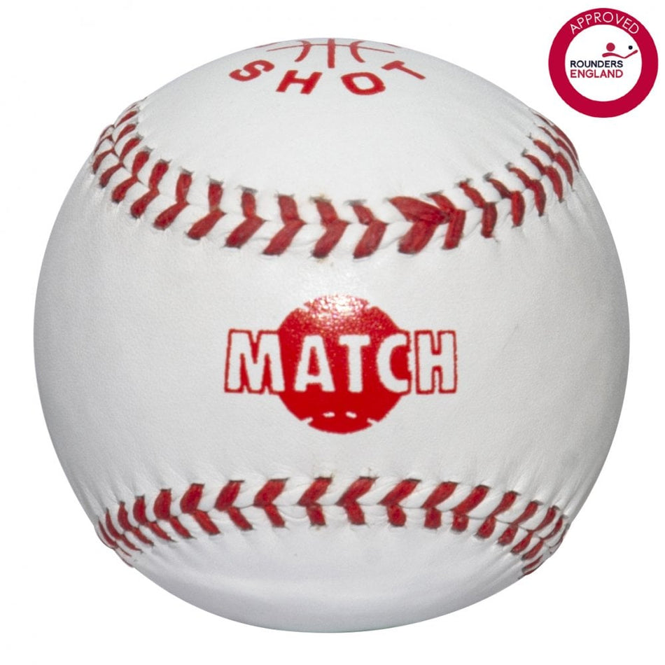 The Sure Shot Match Rounders Ball is a white leather ball with red stitching, "SHOT" and "MATCH" in red print, plus a small Rounders England approved logo in the top right corner. Brand: Sure Shot.