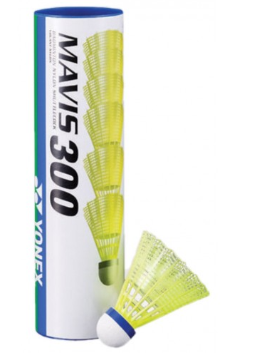 A cylindrical tube labeled Yonex Mavis 300 Yellow Shuttles Medium Blue contains Yonex shuttlecocks. One yellow-skirted shuttlecock with a white base is displayed in front.