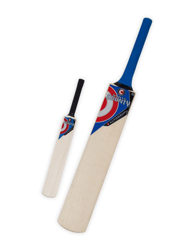 Two Hunts County Autograph Bats—one full size, one smaller—are shown on a white background. Both feature blue and red graphics with blue or black grips, making them perfect for collecting signatures.
