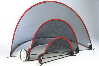 Three Precision Training Pop Up Back Stops/Goals 80x45cm with black netting and red frames are displayed side by side on a white background, with a soccer ball near the smallest goal—ideal for small games or fielding practice.
