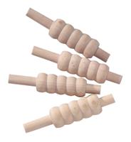 The Hunts County Heavy Bails (Set of Four) feature grooved cylindrical centers with handles on each end, arranged in a scattered pattern on a white background, designed to withstand windy conditions.