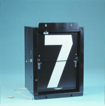 The Mechanical Scorer Numbers (0 - 9) Plus Blank by R J Hill Engineering features a black powder-coated steel rectangular case with a large white number 7 on a light blue background and a white cord extending from the bottom left.