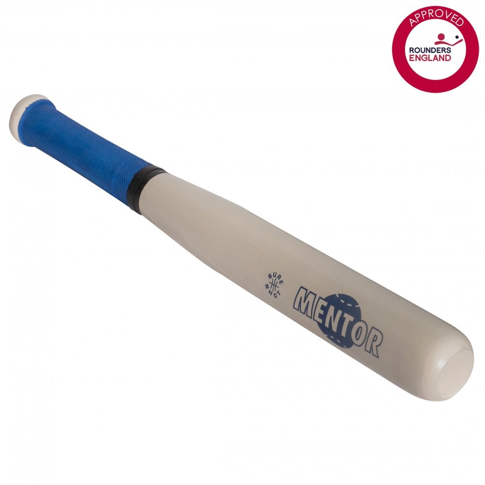 The Sure Shot Mentor Rounders Bat by Sure Shot features a quality wood design, a blue grip handle, and MENTOR printed on its side. A red Approved Rounders England logo on the top right makes it ideal as a training bat.
