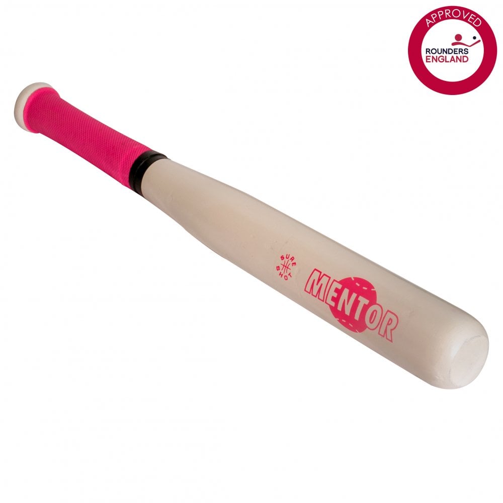 The Sure Shot Mentor Rounders Bat by Sure Shot features a white wood body, pink grip, and "MENTOR" in pink. It displays the Rounders England Approved logo, making it an ideal training bat. Color: Pink.