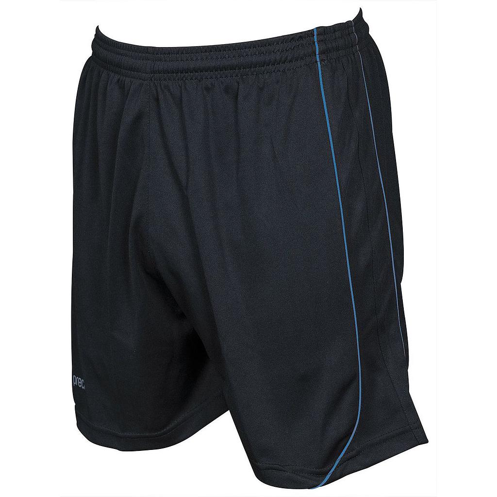 The Precision Training Precision Mestalla Shorts are black polyester sports shorts with an elasticated waistband and a thin blue vertical side stripe.