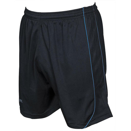 The Precision Training Precision Mestalla Shorts are black polyester sports shorts with an elasticated waistband and a thin blue vertical side stripe.