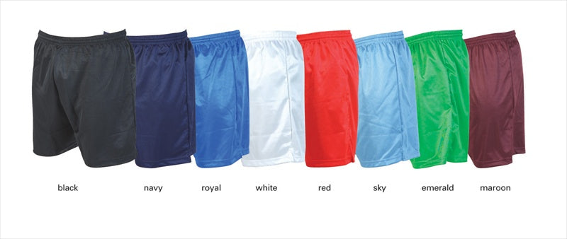 Eight pairs of Precision Training Micro Stripe Football Shorts in black, navy, royal blue, white, red, sky blue, emerald green, and maroon are displayed in a row with color labels beneath each pair.