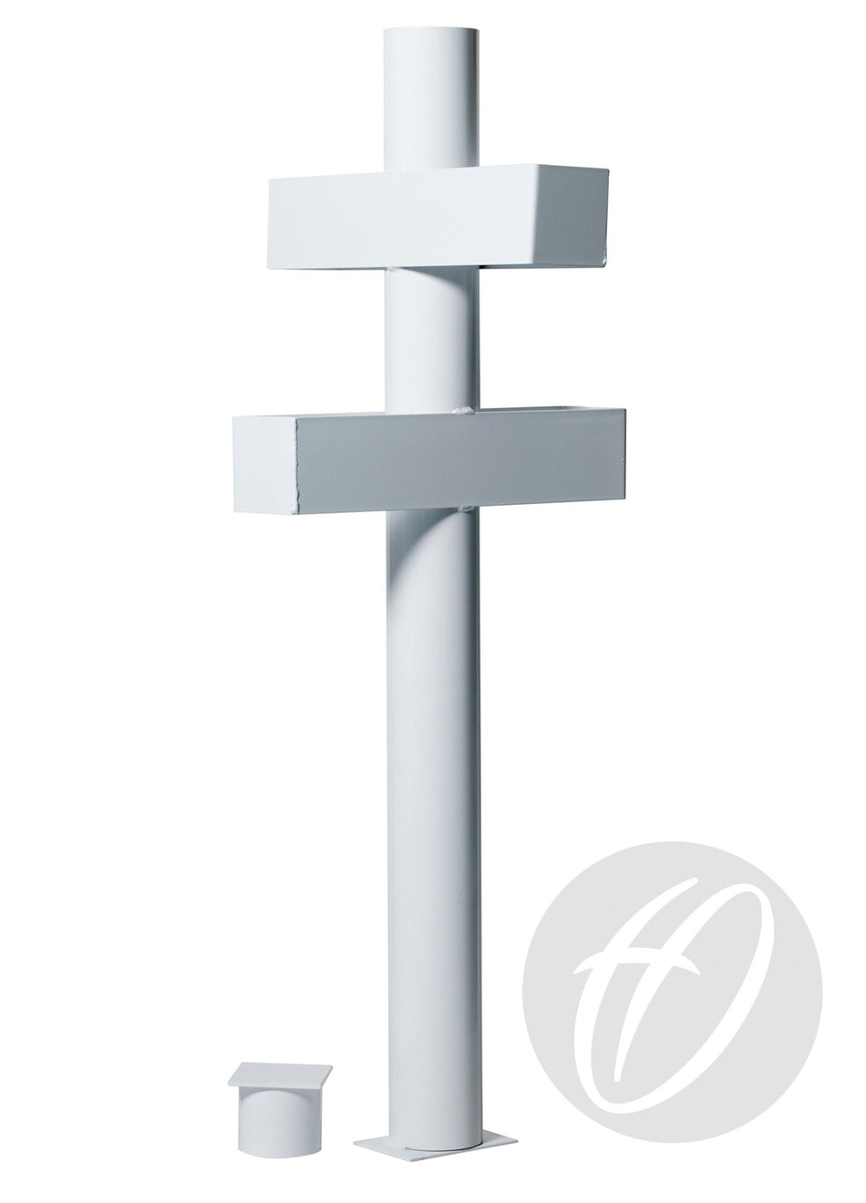 The Harrod Sport Millennium Rugby Post Socket is a minimalist white metal sculpture featuring two rectangular blocks on a vertical pole, a small cube and cylinder at its base, and a circular Harrod Sport logo in the bottom right corner.