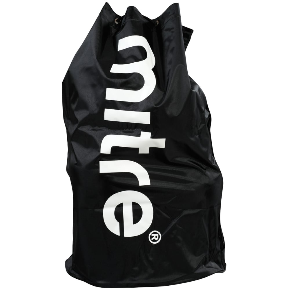 The Mitre Jumbo Ball Sack (20 Balls) is a large black bag with "Mitre" in bold white letters on the front, featuring a drawstring closure at the top and holding up to 20 size 5 footballs.