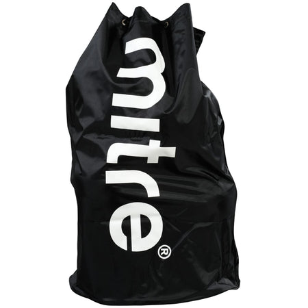 The Mitre Jumbo Ball Sack (20 Balls) is a large black bag with "Mitre" in bold white letters on the front, featuring a drawstring closure at the top and holding up to 20 size 5 footballs.