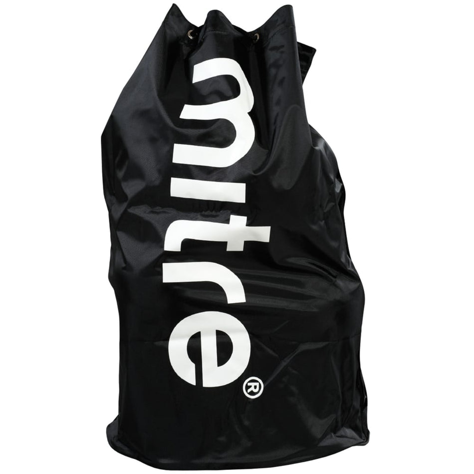 The Mitre Jumbo Ball Sack (20 Balls) is a large black bag with "Mitre" in bold white letters on the front, featuring a drawstring closure at the top and holding up to 20 size 5 footballs.