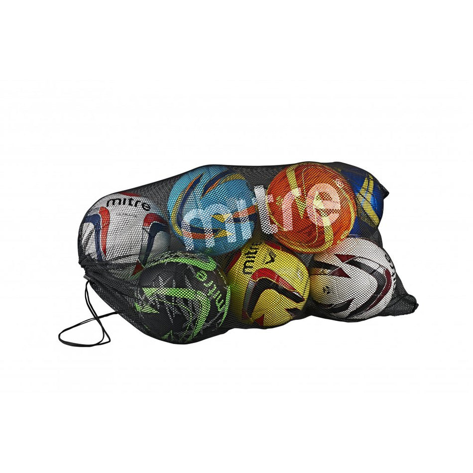The Mitre Mesh Ball Sack 10 by Mitre holds up to 10 soccer balls and features a black mesh design with a left-side drawstring closure for easy storage.