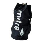 The Mitre Ball Carrying Sack (8) by Mitre is a large black polyester sack with white lettering and a light blue logo, shown upright on a white background, designed to hold 8 size 5 balls—ideal for sports teams.