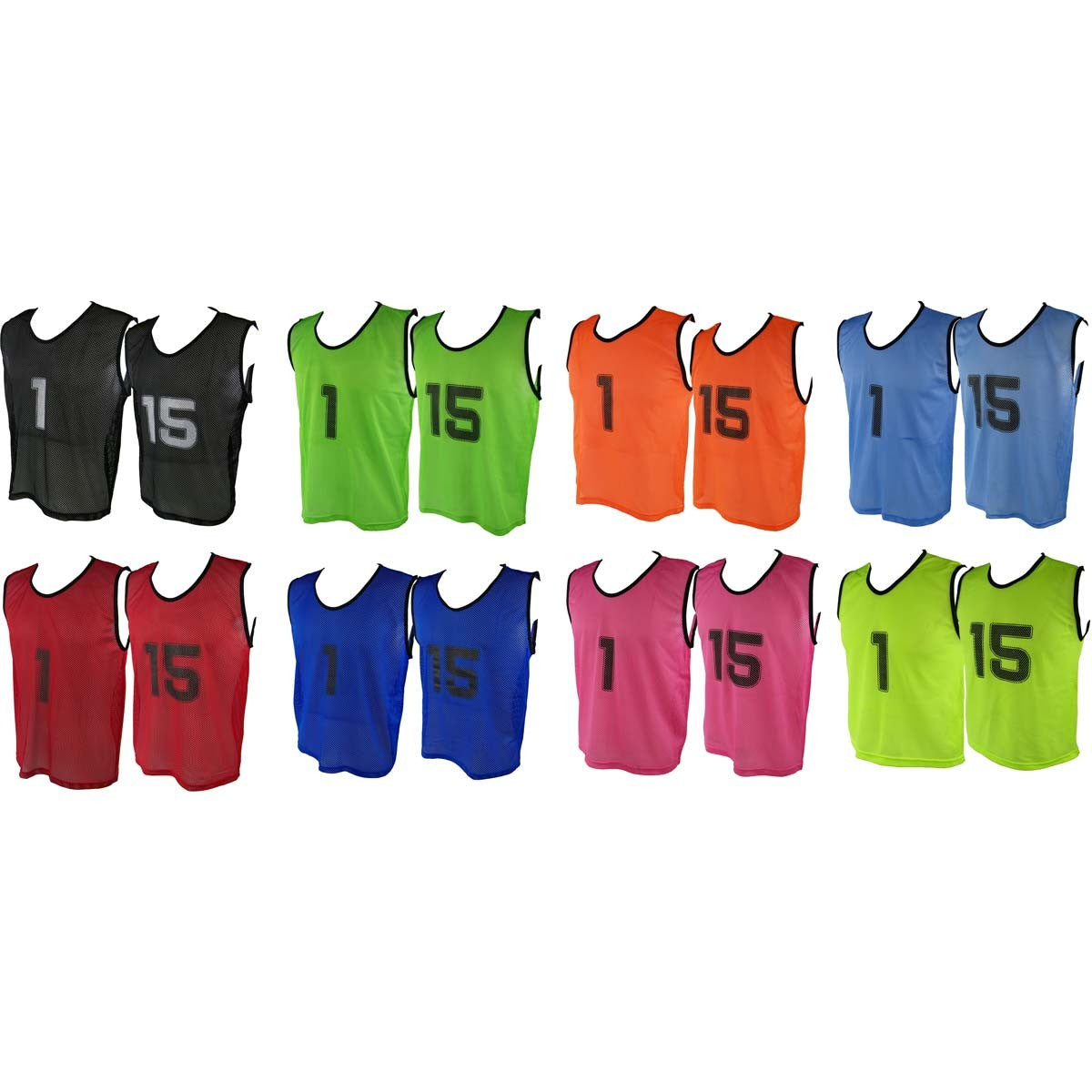 Martin Berrill Sports Micro Mesh Training Bibs - Numbered 1-15 in black. Durable polyester mesh; each set includes twelve pairs for easy player identification.