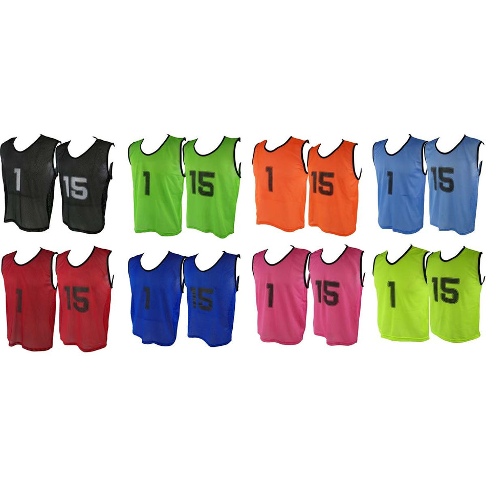 Martin Berrill Sports Micro Mesh Training Bibs - Numbered 1-15 in black. Durable polyester mesh; each set includes twelve pairs for easy player identification.