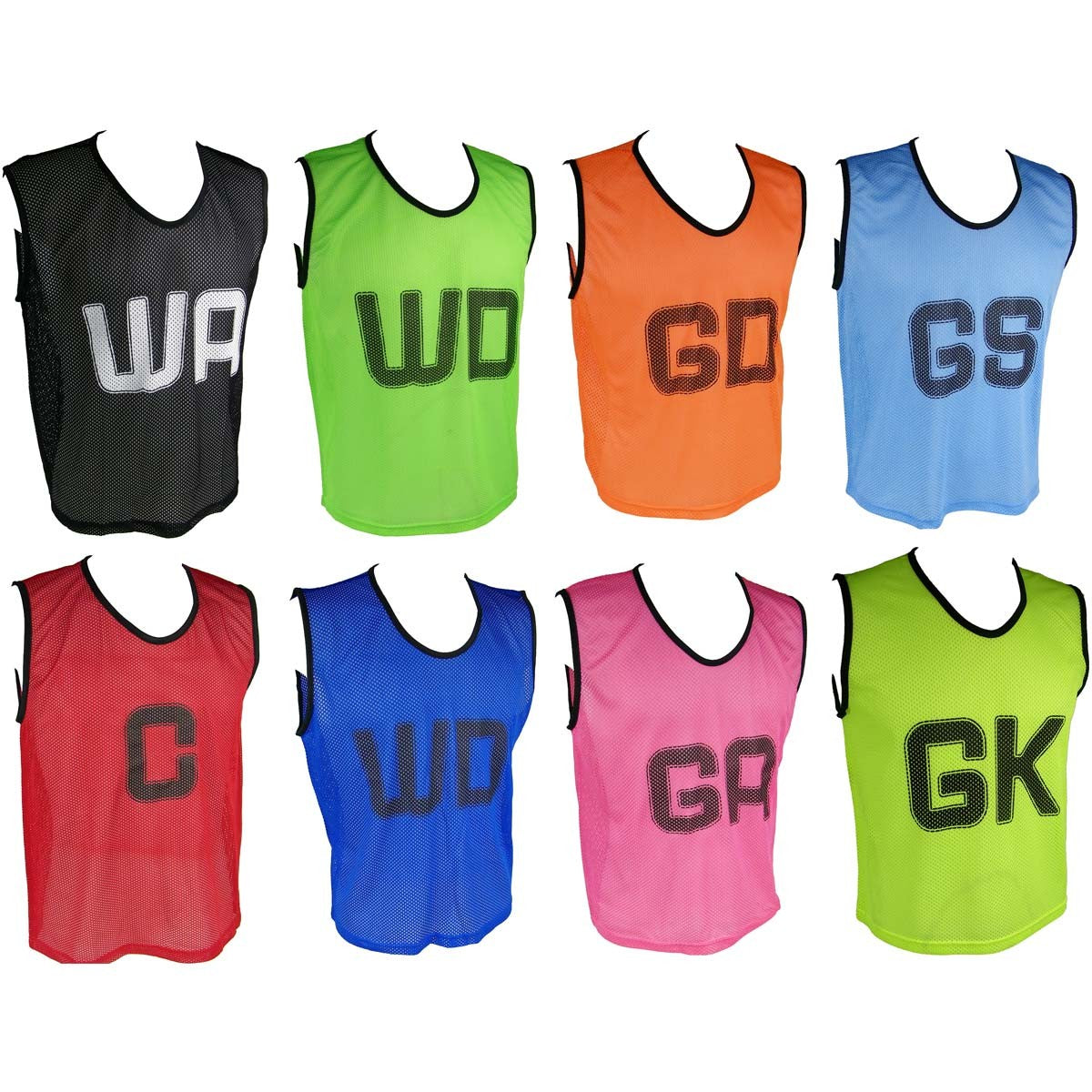 Martin Berrill Sports Micro Mesh Netball Training Bib Set in black, featuring bold positional letters—ideal for netball training sessions. Includes all key positions for organized play.
