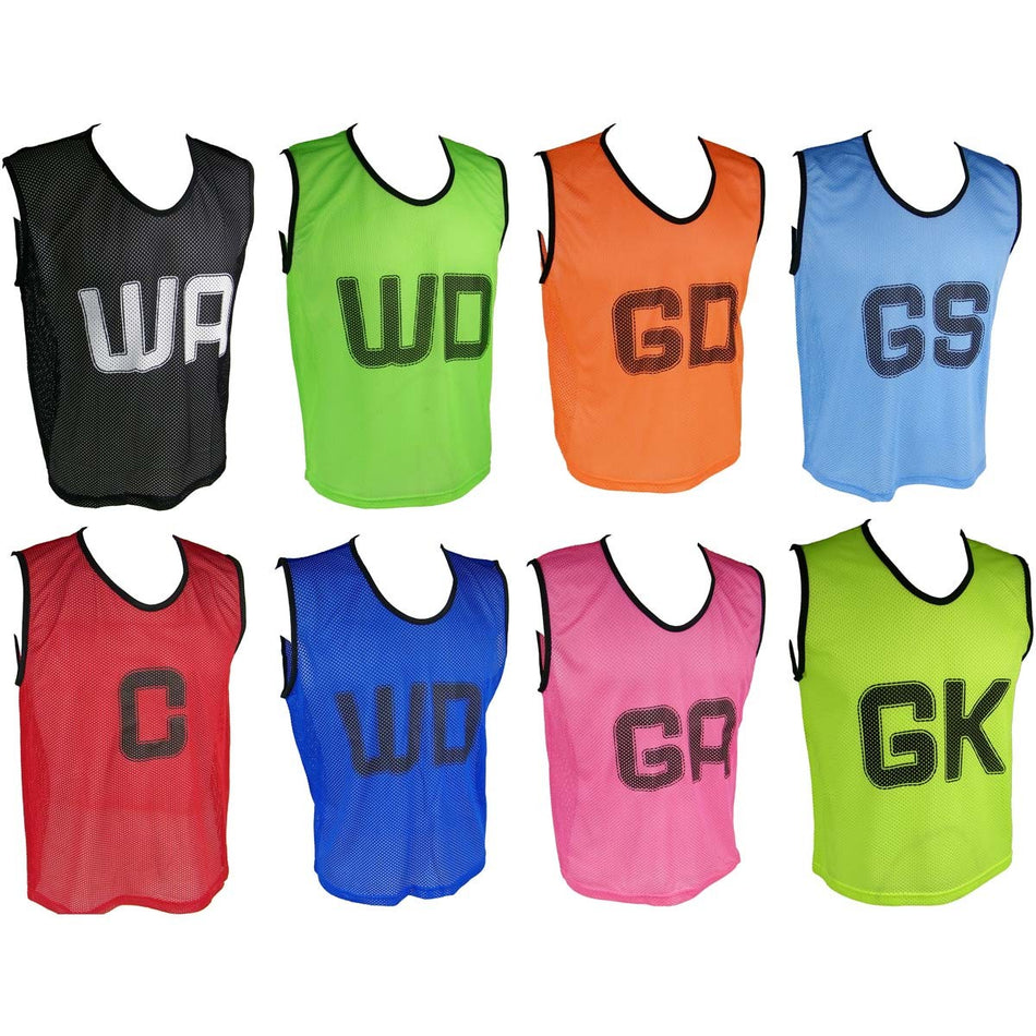Martin Berrill Sports Micro Mesh Netball Training Bib Set in black, featuring bold positional letters—ideal for netball training sessions. Includes all key positions for organized play.
