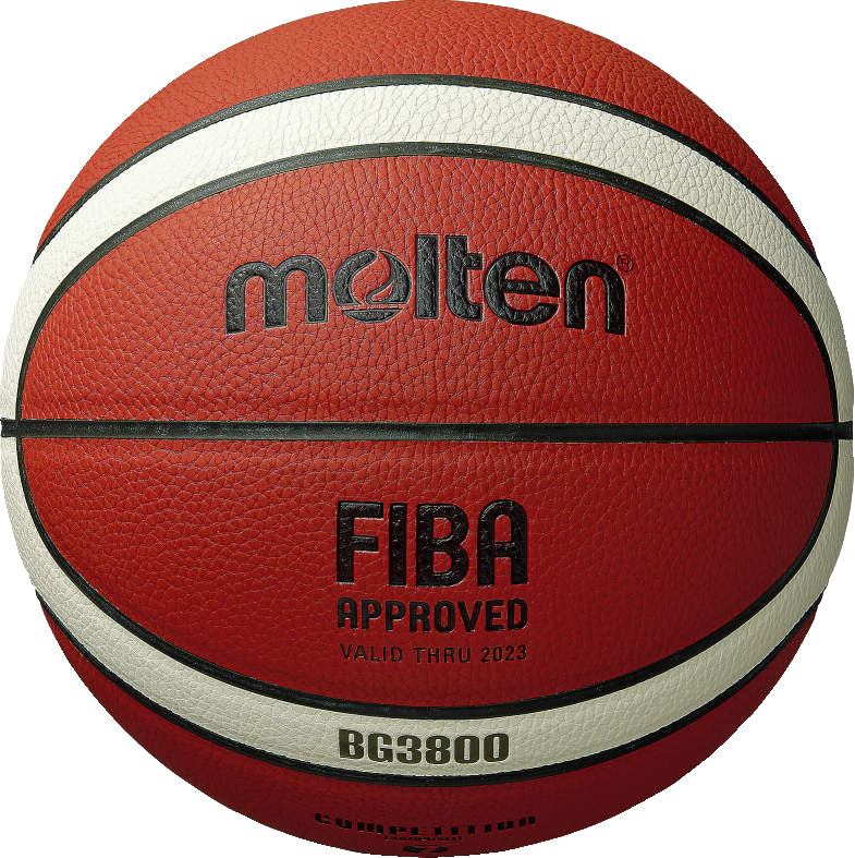 A close-up of the Molten BG3800 Composite Basketball by Molten, designed with red, white, and brown panels, premium composite material, and featuring "FIBA Approved" and "BG3800" on the front.