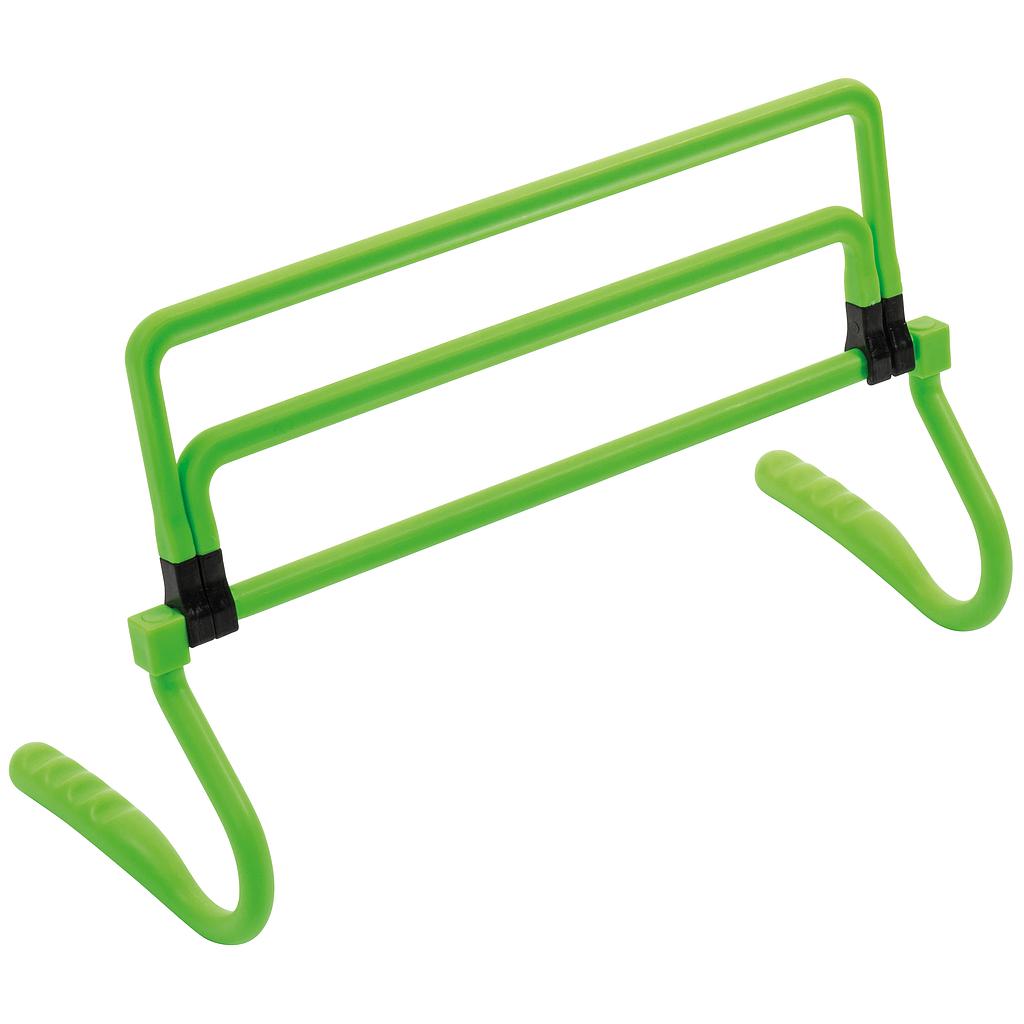 The Precision Training Multi Height Hurdles (Set of 3) are bright green adjustable plastic hurdles with two horizontal bars and curved legs, perfect for athletic or agility exercises and ideal for group training sessions.