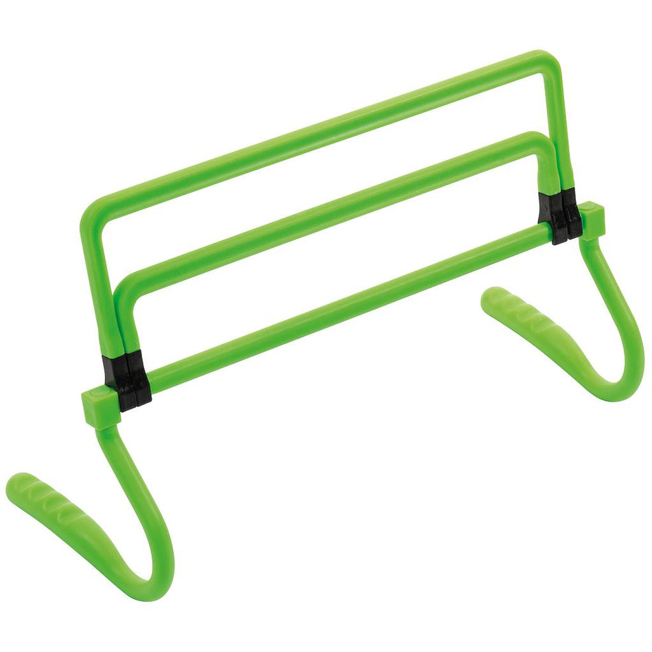 The Precision Training Multi Height Hurdles (Set of 3) are bright green adjustable plastic hurdles with two horizontal bars and curved legs, perfect for athletic or agility exercises and ideal for group training sessions.