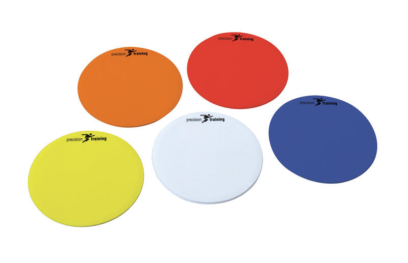 Ten Precision Training Multi Colour Round Marker Discs, featuring vibrant colors and a non-slip design, are arranged on a white background.