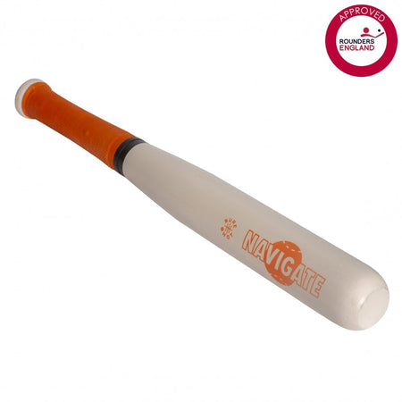 The Sure Shot Navigate Rounders Bat, by Sure Shot, features top-grade wood, a white finish, orange grip, and NAVIGATE branding. Displayed at an angle with the Rounders England Approved logo in the top right corner.
