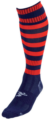 The Precision Training Precision Hooped Pro Football Socks Adult features horizontal navy blue and bright red stripes on the upper section, with a solid navy blue foot and ankle—a bold choice for your sock collection.