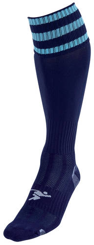 The Precision Training Precision 3 Stripe Pro Football Socks Adult features a single navy blue sock with light blue and navy stripes at the top, gray toe and heel accents, and a contoured fit for enhanced ankle support.