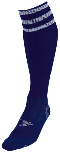 The Precision Training Precision 3 Stripe Pro Football Socks Adult is a single navy knee-high sock with two white stripes near the top, a small white foot logo, and a contoured fit for superior ankle support.