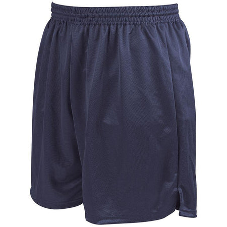 Precision Training Precision Attack Shorts Junior in navy blue, featuring breathable polyester sports fabric, elasticated waistband, and slight side slit, shown on a white background.