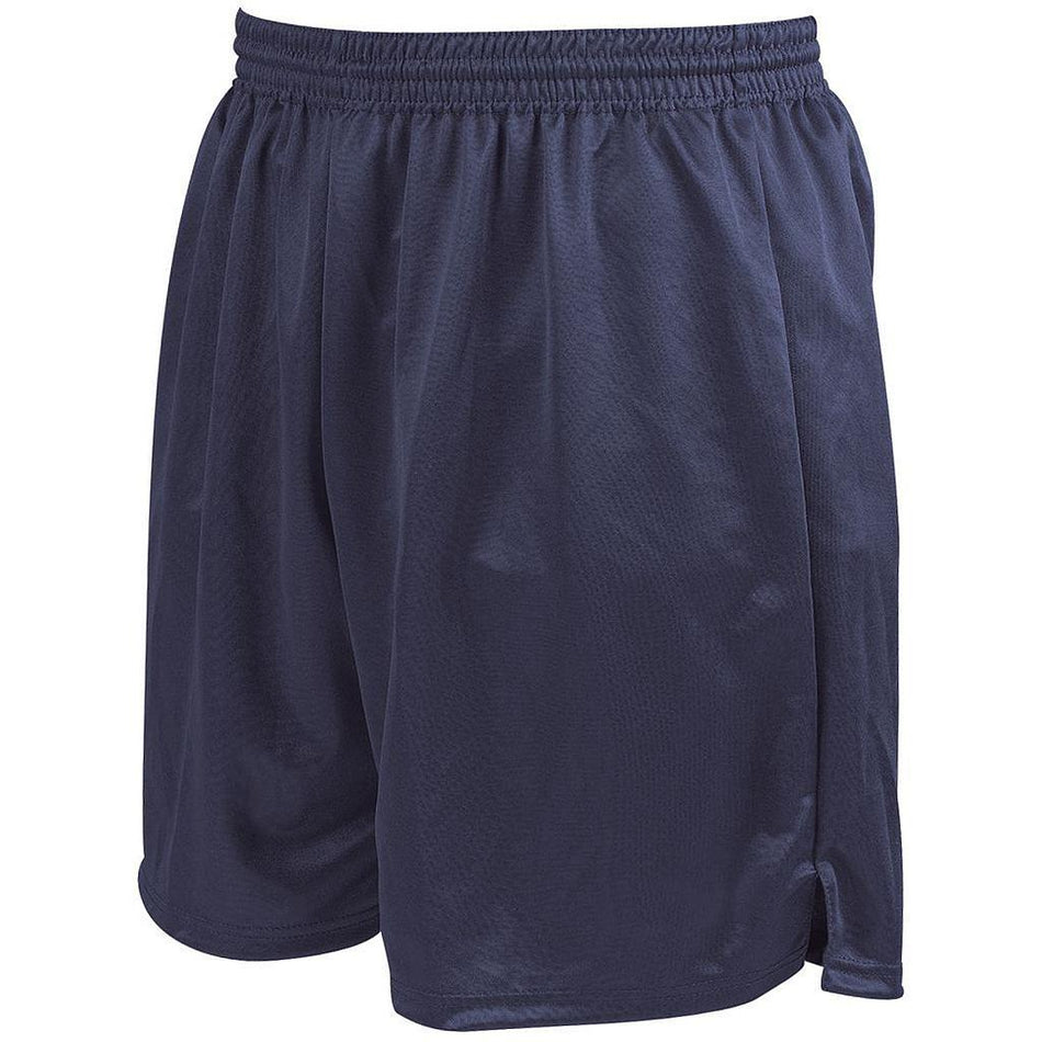 Precision Training Precision Attack Shorts Junior in navy blue, featuring breathable polyester sports fabric, elasticated waistband, and slight side slit, shown on a white background.