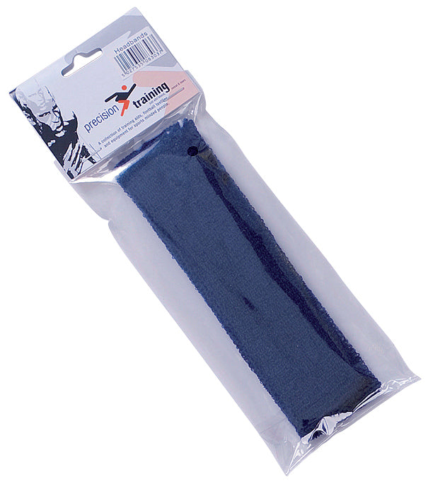 A blue cotton Precision Headband by Precision Training, packaged in clear plastic with a top label showing the brand.