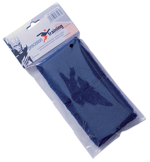 A packaged pair of blue cotton Precision Wristbands by Precision Training, visible through clear plastic with a header card showing a silhouette and exercise graphics—ideal for training sessions.
