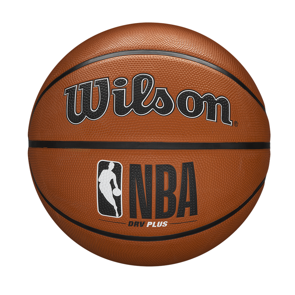 The Wilson NBA DRV Plus Basketball by Wilson, featuring a performance cover with the NBA logo and DRY PLUS text, is shown on a white background.